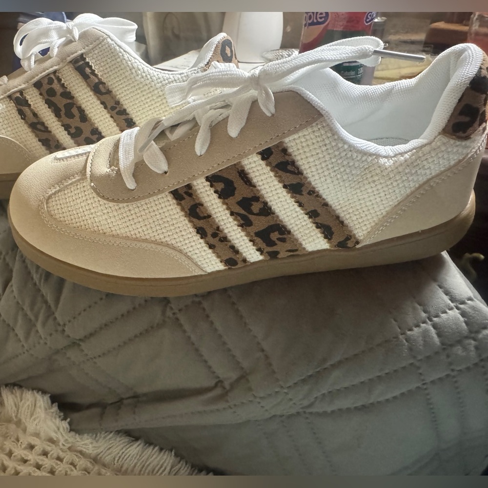 adidas Women’s White & Tan Leopard Stripe Sneakers